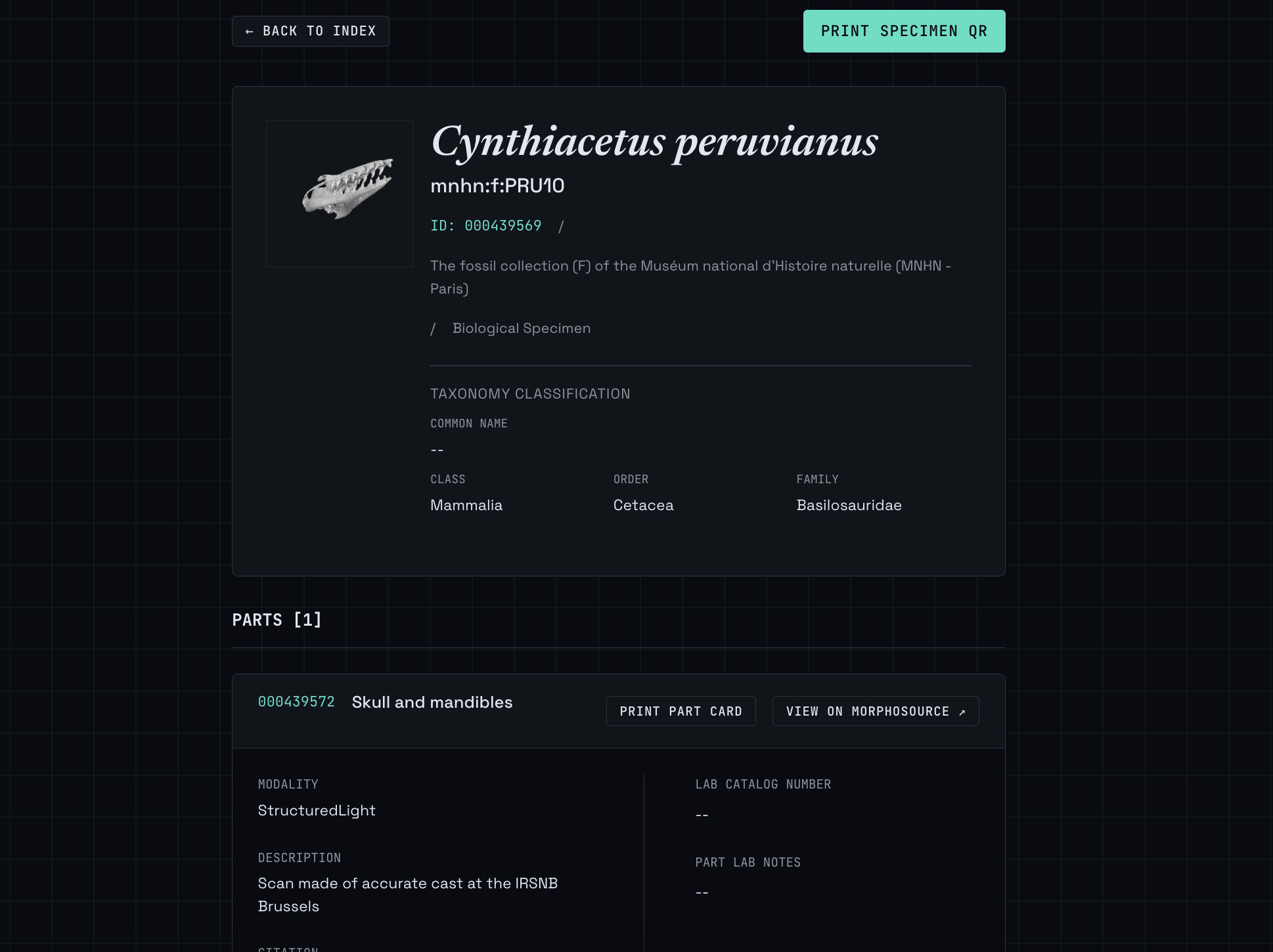A single specimen's detail view — its 3D model image alongside structured taxonomy and part data, with a Print Specimen QR button.