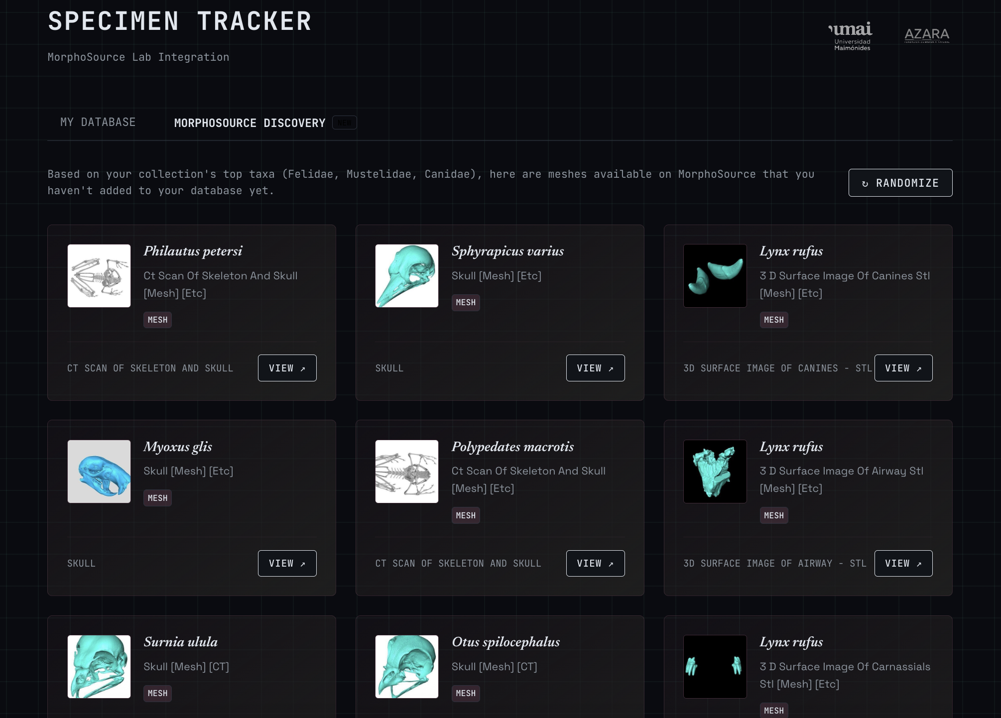 The Discovery tab — a grid of recommended 3D models to print, surfaced from the collection's top taxa.